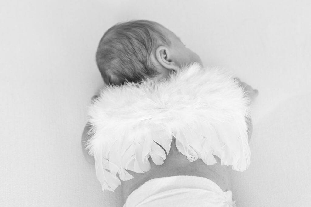 Newborn Shooting Erlangen - Baby in Bauchlage mit Engelsflügeln